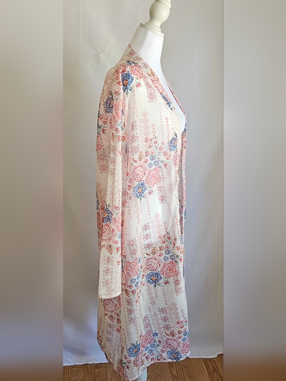 JORJA Floral Kimono Cardigan Duster XL White Pink Blue Open Front Lightweight - Picture 5 of 11